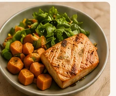 Jantar com salmão e vegetais