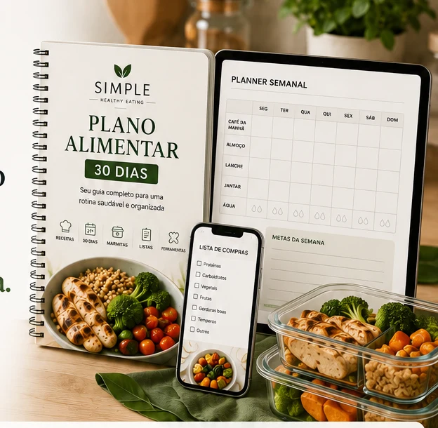 Mockup do Simple Healthy Eating com plano alimentar, planner e lista de compras